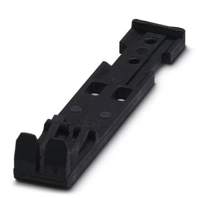 Une pièce en plastique noir, allongée, comportant des découpes et des reliefs. Probablement un composant technique ou un support.