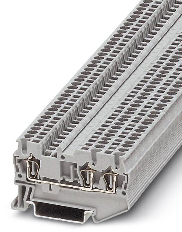 Un bloc de bornes à six étages gris avec différentes zones de connexion et contacts, destiné au câblage électrique.