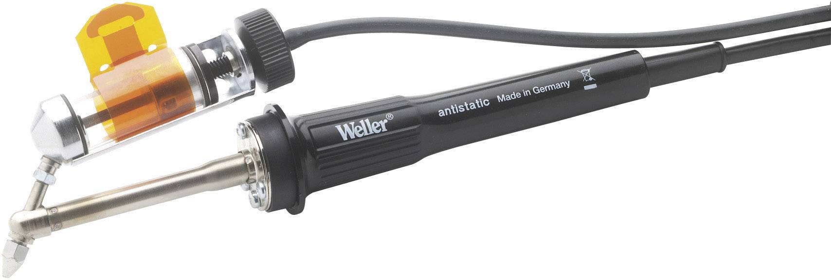 Un fer à souder avec une poignée noire portant les inscriptions « Weller » et « Made in Germany », présentant un embout coudé.