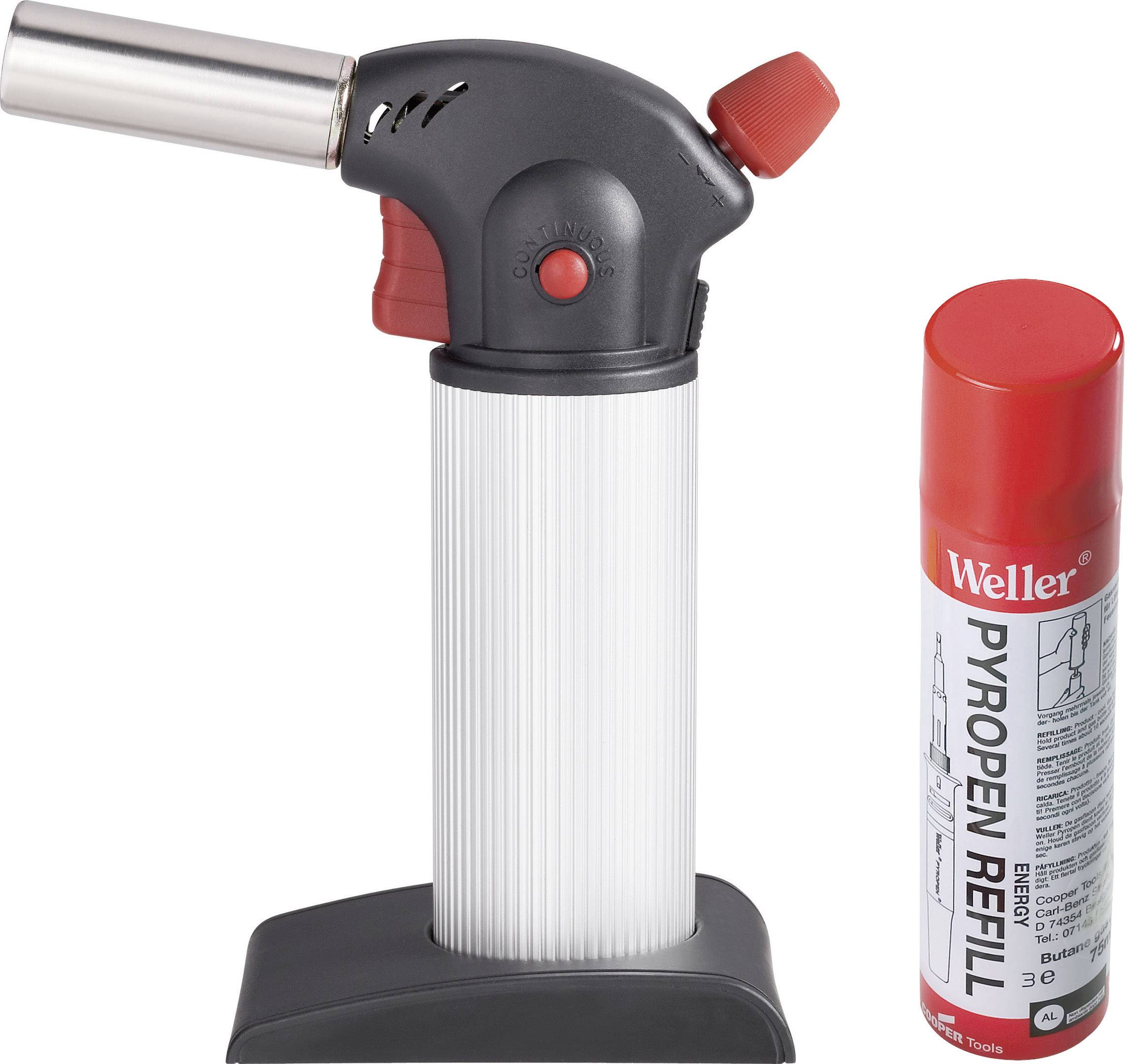 Brûleur avec allumage piézoélectrique et cartouche de recharge rouge. Nom de marque 'Weller' sur la cartouche. Adapté pour les travaux de soudure.