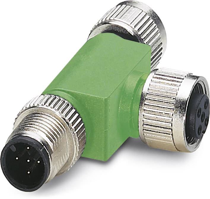 Un connecteur électrique en forme de T avec trois bornes métalliques, dont une verte, adapté aux applications industrielles.