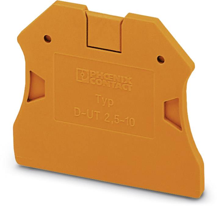 Bloc de recouvrement final orange portant l'inscription 'PHOENIX CONTACT, Type D-UT 2,5-10', utilisé pour couvrir des bornes électriques.