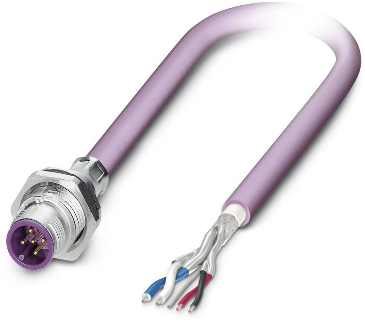 Lila, câble électrique non isolé avec des connecteurs à une extrémité, montrant plusieurs fils de différentes couleurs.