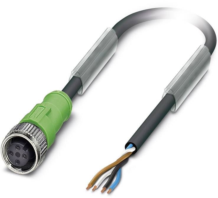 Un câble de connexion circulaire vert avec une fiche sur le côté gauche et des extrémités de câble ouvertes sur le côté droit.