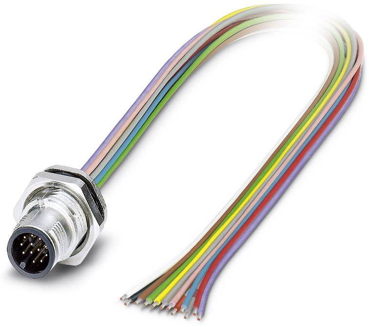 Connecteur multipolaire avec un ensemble complexe de câbles colorés s'étendant vers la droite.