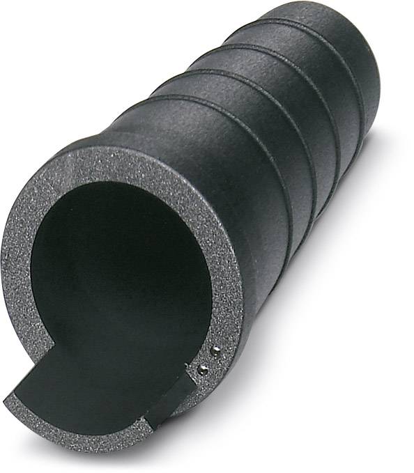 Tube noir cylindrique en mousse avec des rainures structurées. Une extrémité est ouverte et partiellement découpée.