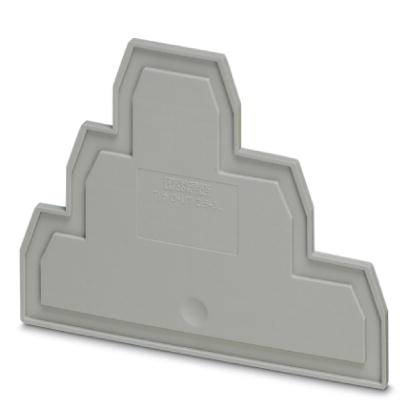 Un embout de terminaison gris pour rail DIN, de forme rectangulaire à gradins. Utilisé pour la fixation de modules dans les tableaux de distribution.