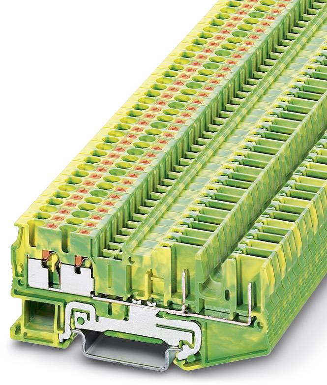 'Barrette de connexion de série en jaune et vert avec plusieurs points de connexion, utilisée pour des solutions de connexion électrique dans l'industrie.'