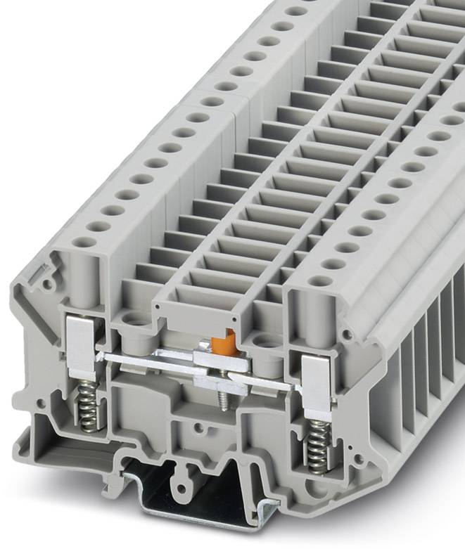 Barrette de connexion grise en plastique avec plusieurs points de raccordement et un levier orange, utilisée pour le câblage dans les tableaux électriques.