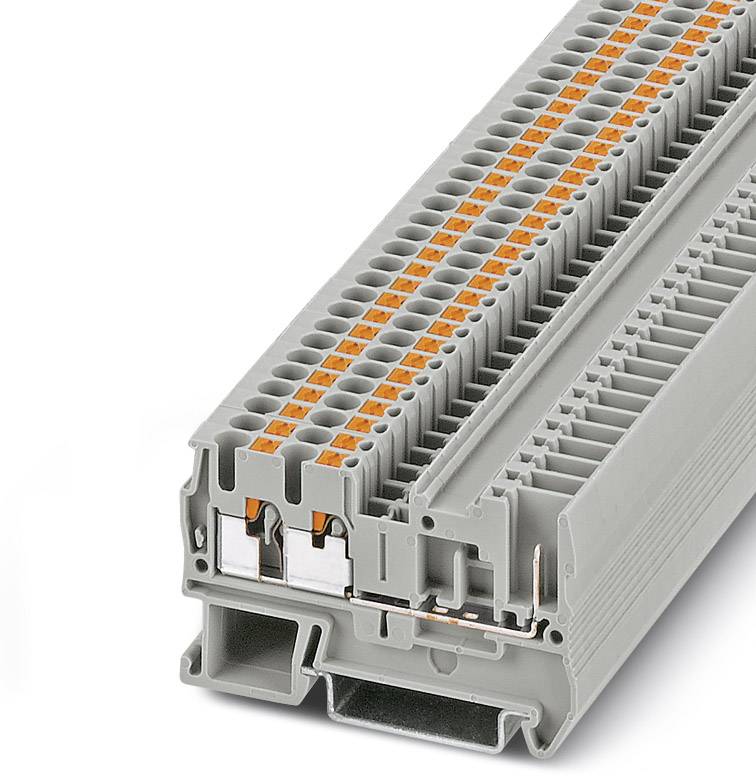 Barrette de connexion multipolaire grise avec leviers oranges, utilisée pour les connexions électriques dans les armoires électriques.
