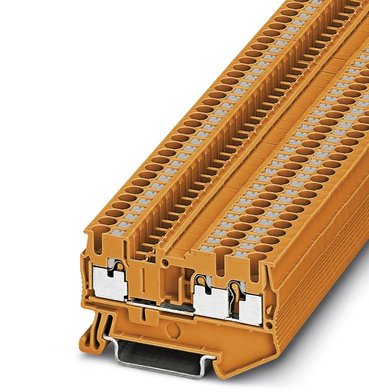 Bloc de bornes à connexion séquentielle orange avec plusieurs points de raccordement, monté sur un rail métallique. Adapté aux installations électriques industrielles.