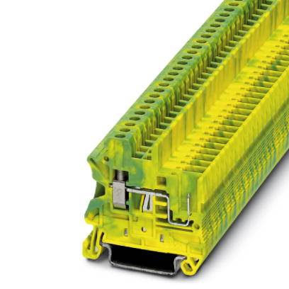Bloc de bornes de raccordement jaune-vert pour câblage électrique, montrant plusieurs points de connexion et éléments de fixation.