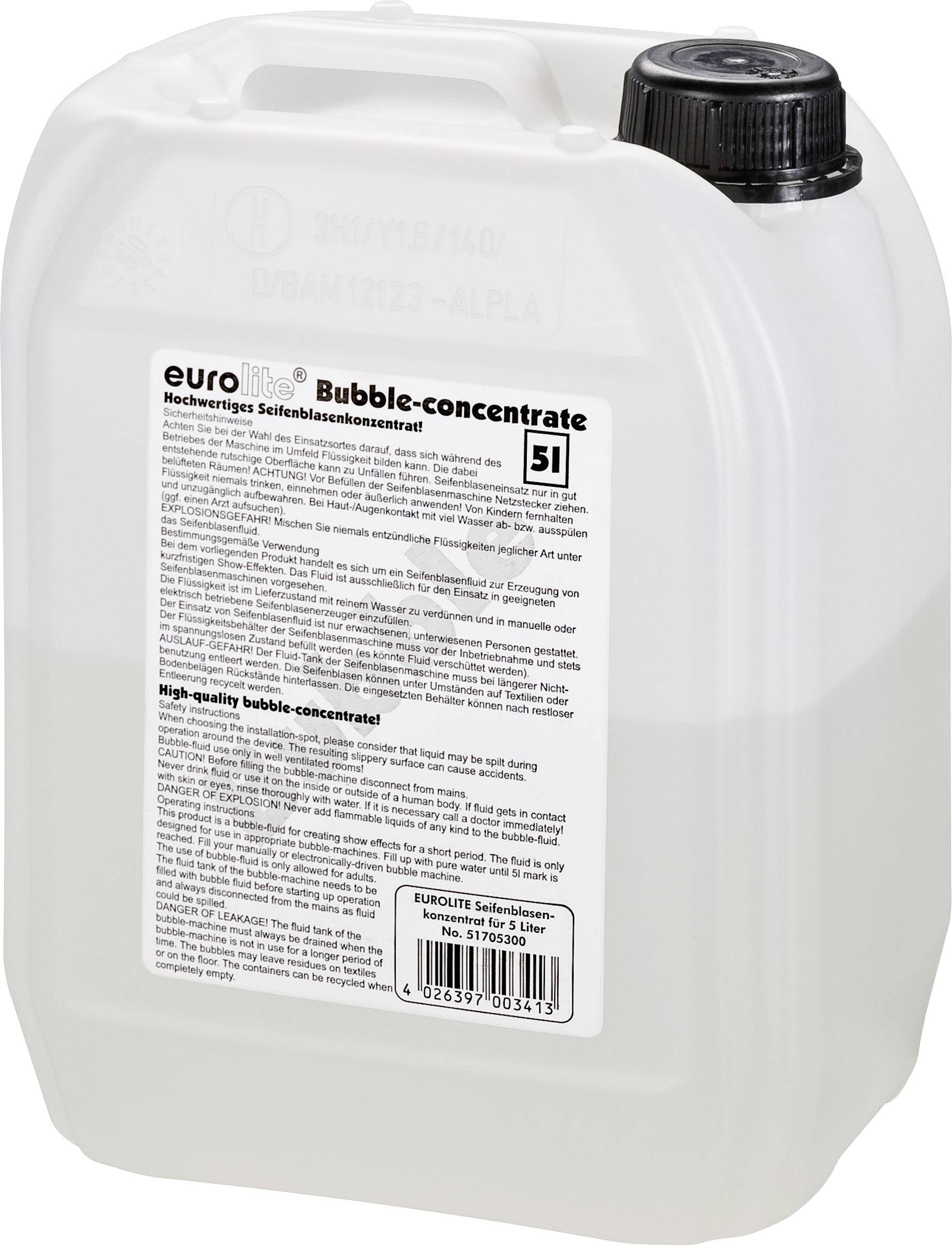 Bidon en plastique de 5 litres de liquide à bulles 'eurolite Bubble-concentrate'. Contient un concentré de solution pour bulles de savon hautement concentré.