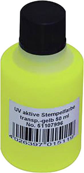 Petit flacon jaune avec étiquette 'Encre de tamponnage active aux UV, transparent-jaune 50 ml, No. 51107986'.