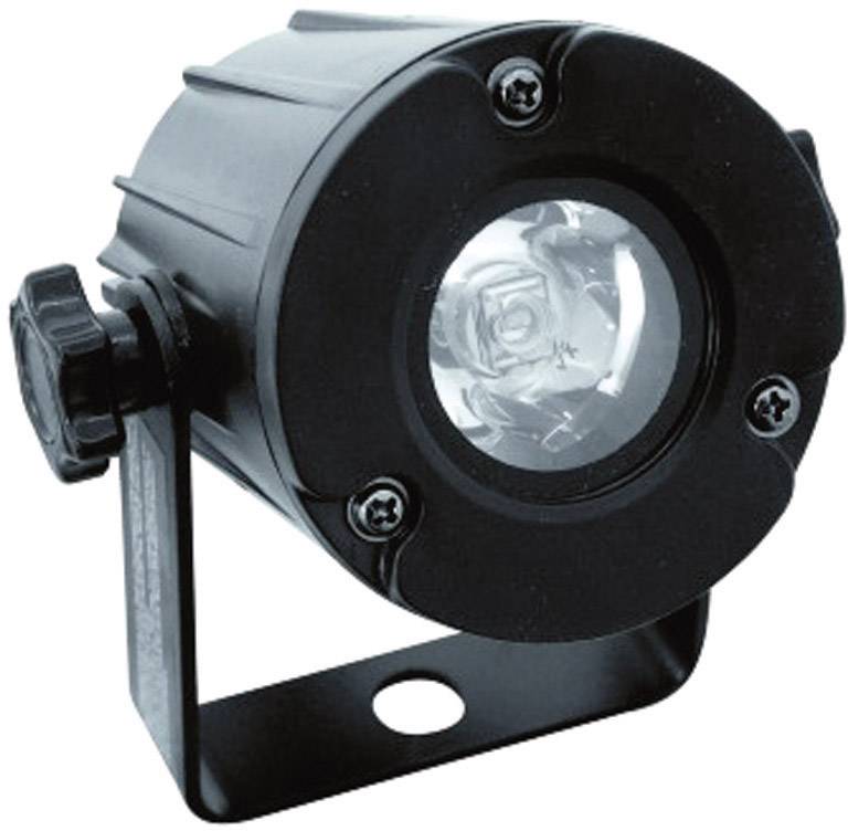 Un petit projecteur LED cylindrique avec support de montage. Il est fabriqué en matériau noir et sert à l'éclairage.