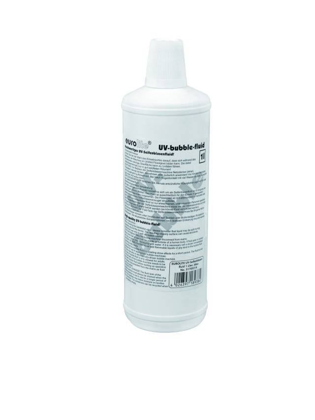 Bouteille blanche avec étiquette 'Fluide UV-Bubble 1L'. Le texte contient des instructions de composition et d'utilisation au verso.