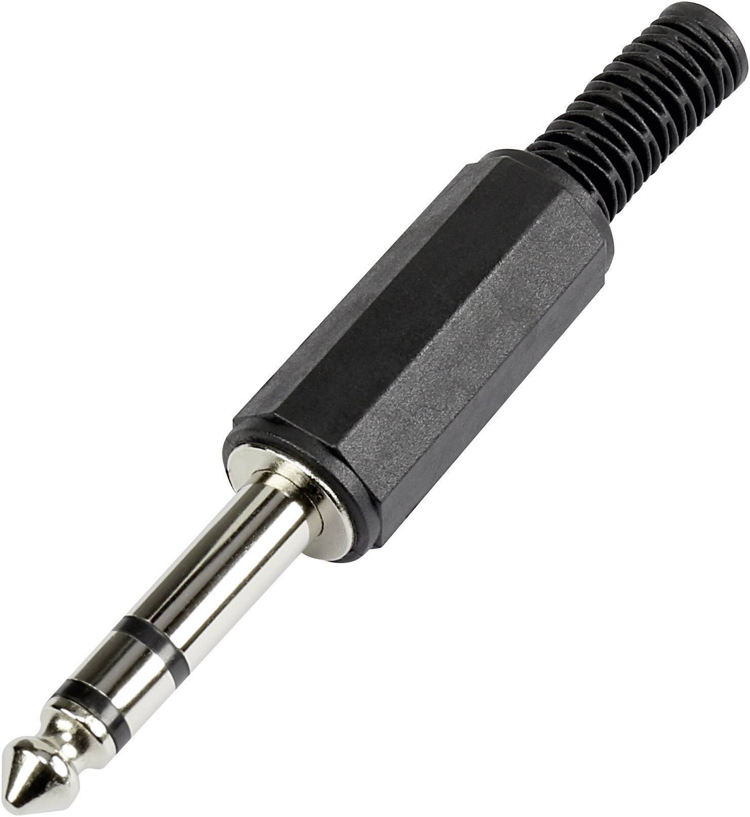 'Une fiche jack de 6,35 mm avec un boîtier noir et un embout argenté, couramment utilisée pour les guitares ou l'équipement audio.'