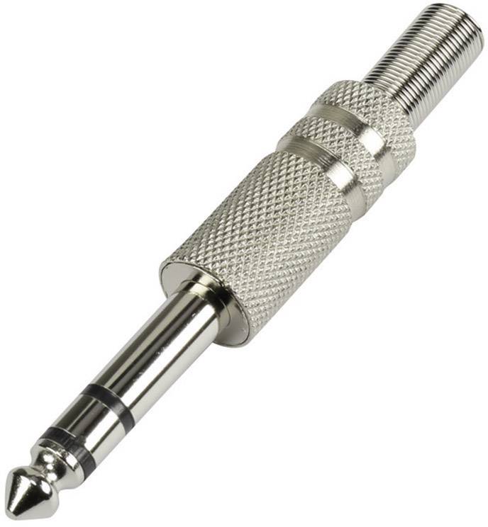 Une fiche jack stéréo argentée de 6,35 mm en métal, utilisée pour connecter des appareils audio.