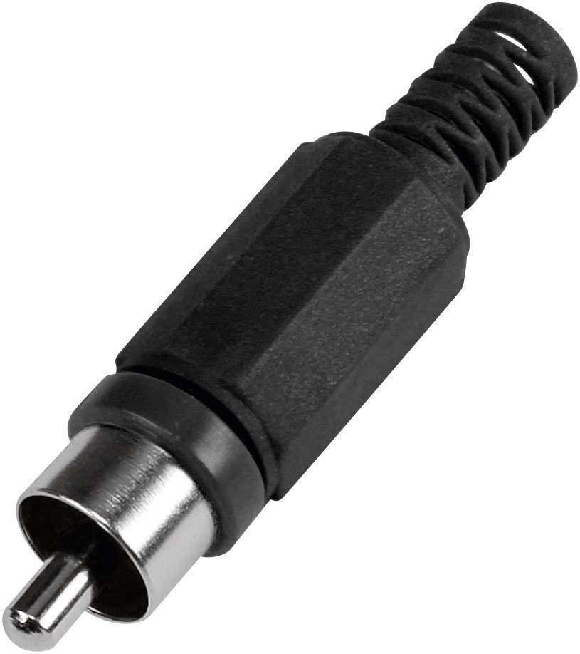 Connecteur RCA noir à embout argenté et poignée en caoutchouc, couramment utilisé pour les appareils audio et vidéo.