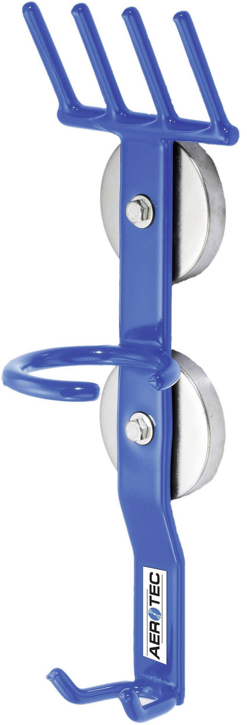 Un crochet en métal bleu équipé de deux aimants pour la fixation et offrant plusieurs possibilités de suspension pour les outils.
