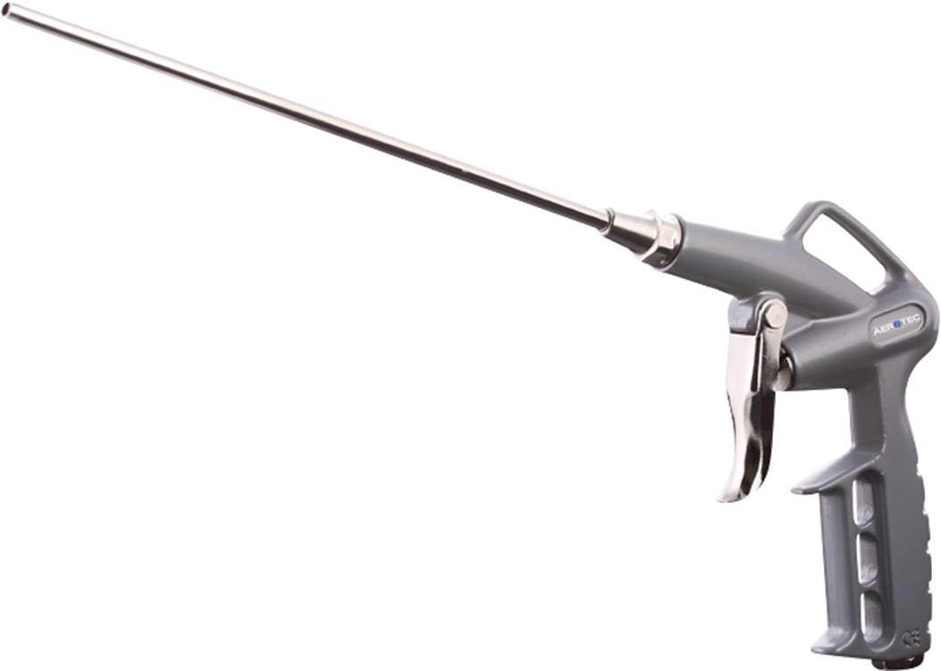 Pistolet à air comprimé doté d'un long tube métallique étroit et d'une poignée ergonomique en plastique. Utilisé pour le nettoyage ou le soufflage d'air.