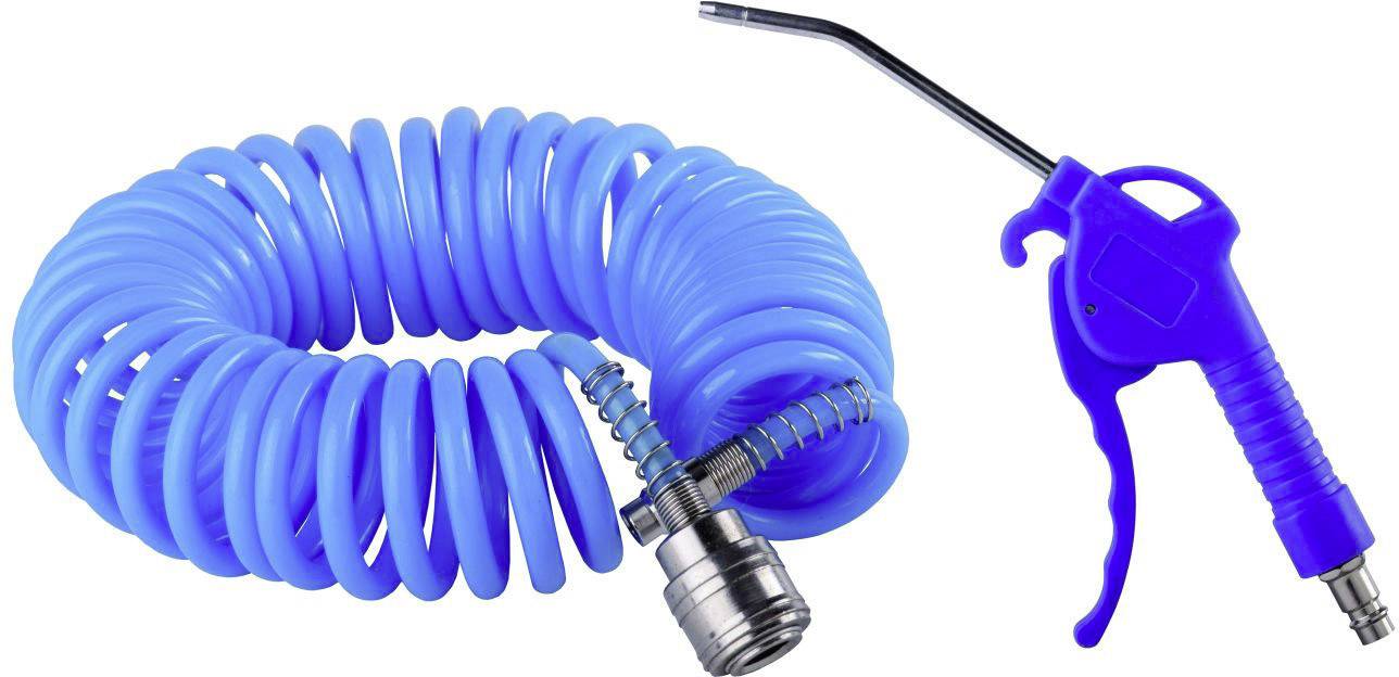 Tuyau spiral bleu avec embout, adapté aux applications de pistolets à air comprimé dans les ateliers ou les garages.