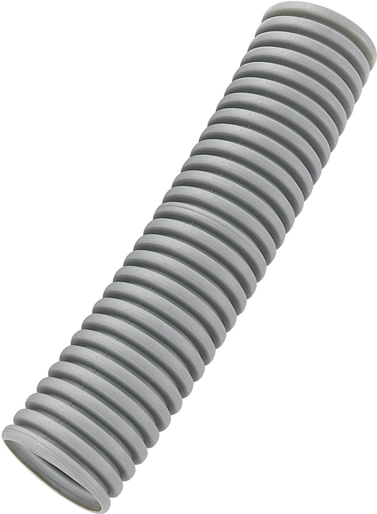 Gaine ondulée flexible grise en plastique, disposée horizontalement, sur un fond blanc.
