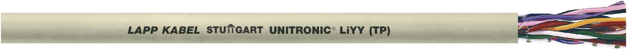Un câble portant l'inscription 'LAPP KABEL, STUTTGART UNITRONIC LiYY (TP)' est à moitié dénudé et montre des conducteurs internes torsadés colorés.