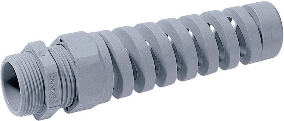 Gaine de protection spirale grise avec filetage et connexion à vis hexagonale. Offre flexibilité et protection pour les câbles électriques.