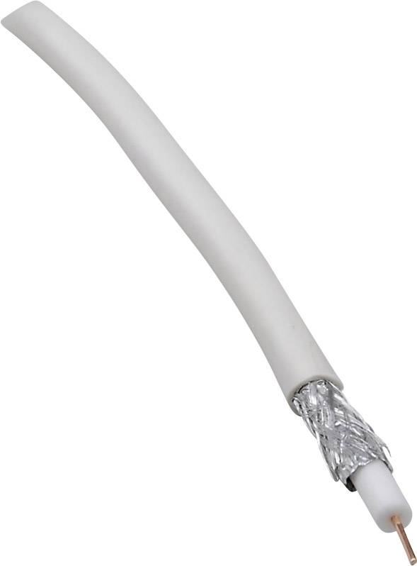 Un câble coaxial gris avec son noyau de cuivre exposé et un blindage métallique.
