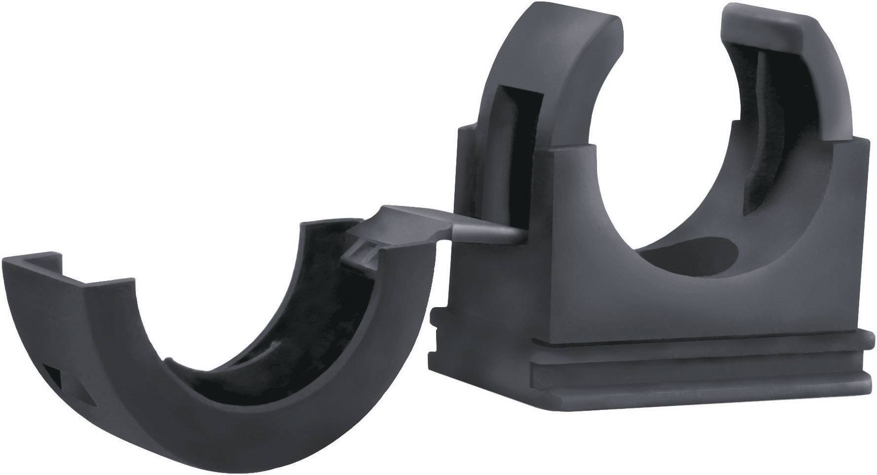 Système de colliers de serrage en plastique ouvert montrant deux supports semi-circulaires, reliés par une charnière, adaptés aux tuyaux.