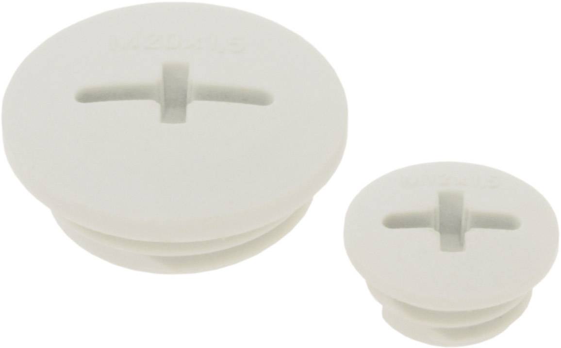 Deux bouchons de plastique blanc de tailles différentes, chacun avec une fente cruciforme au centre.