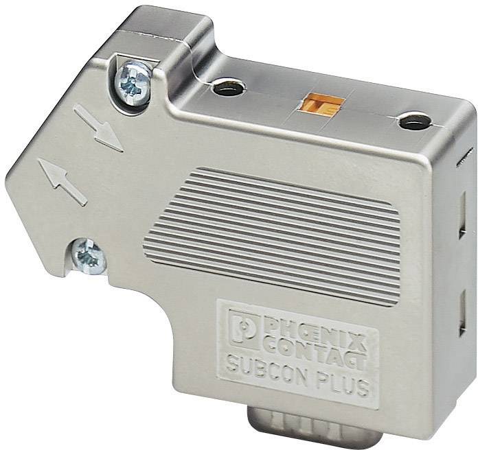 Connecteur Subcon Plus de Phoenix Contact, argenté, avec deux vis de fixation et des flèches indiquant le sens de raccordement.