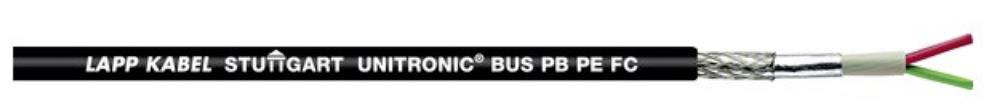Câble à gaine noire, inscription en blanc : LAPP KABEL STUTTGART UNITRONIC BUS PB PE FC. Présente une structure de conducteurs isolés.