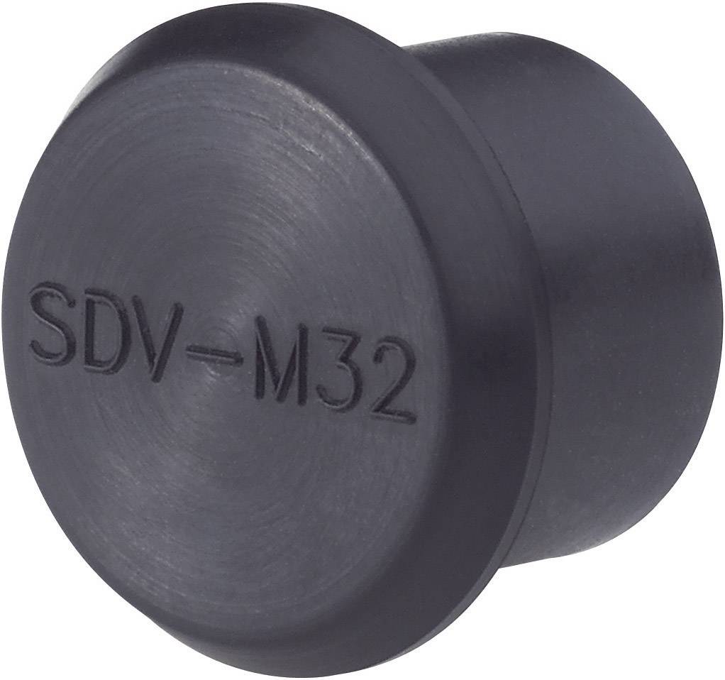 Bouchon noir en plastique rond portant l'inscription 'SDV-M32' sur sa surface supérieure. Utilisé pour obturer des ouvertures ou des tubes.