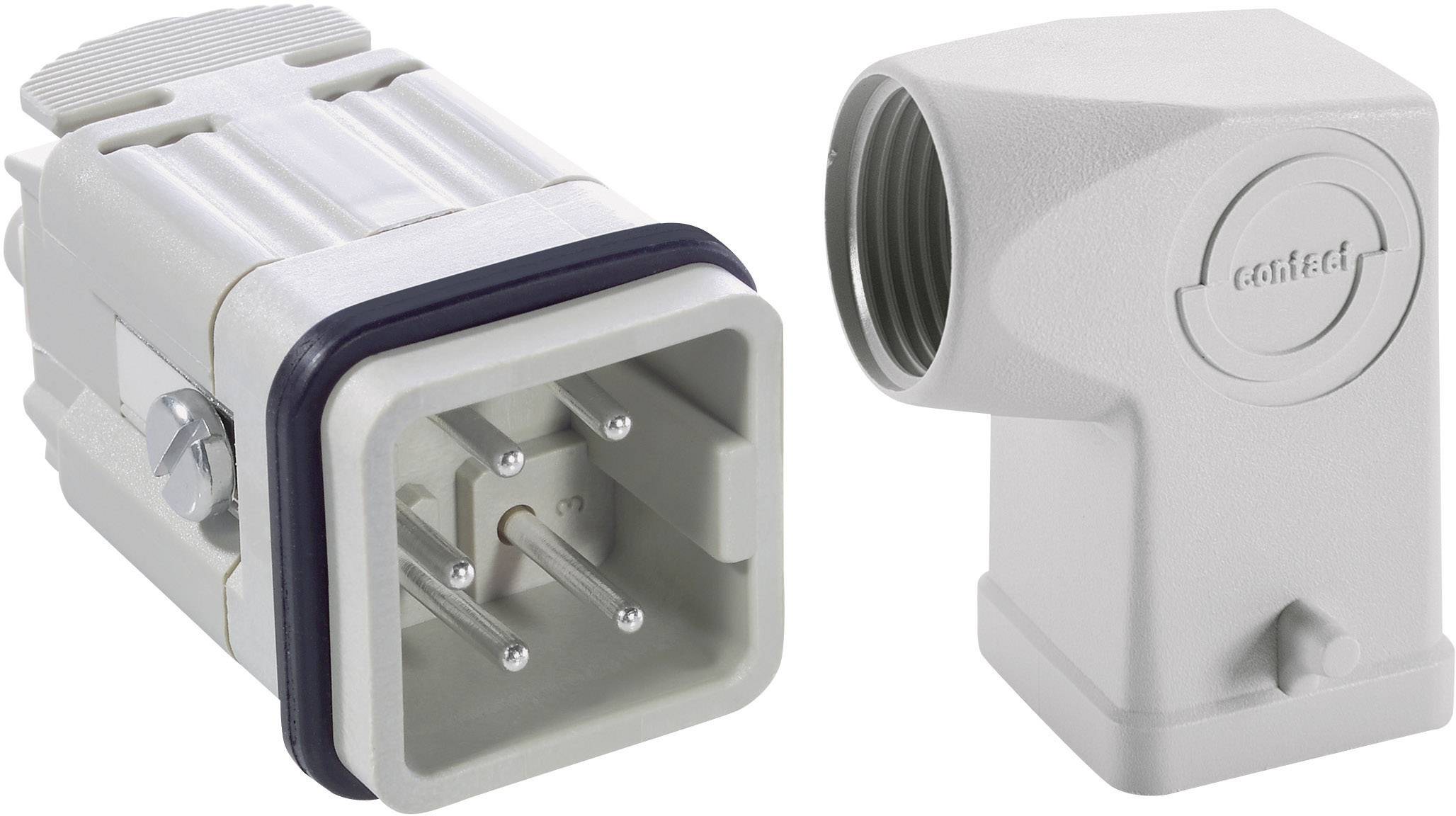 Ensemble de connecteurs électriques gris et blanc, composé d'une fiche rectangulaire avec des broches et d'un boîtier coudé.