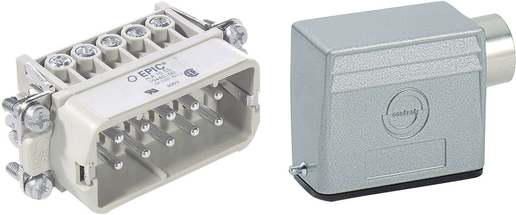 Ensemble de connecteurs : À gauche, un connecteur rectangulaire gris avec des broches métalliques, à droite, un boîtier gris avec une connexion de câble.