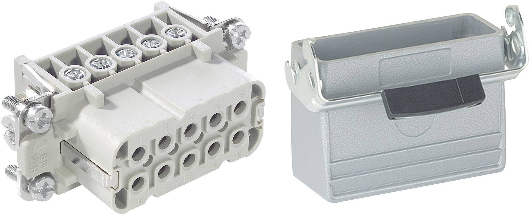 Un connecteur trapézoïdal et un connecteur rectangulaire, tous deux gris. Le connecteur trapézoïdal a des bornes à vis ; le connecteur rectangulaire a un volet.