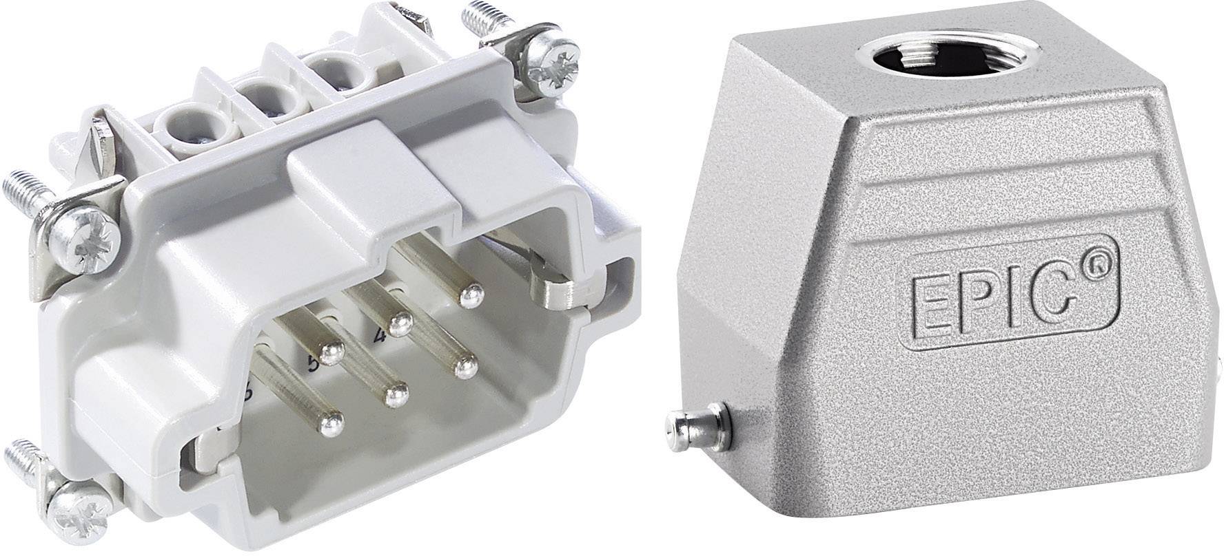 Connecteur et boîtier 'EPIC', rectangulaire, boîtier métallique gris, huit broches de connexion, deux vis de fixation.
