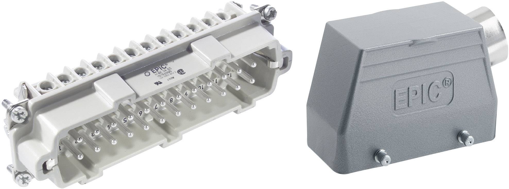 Un connecteur électrique rectangulaire avec 24 broches et un boîtier métallique, à côté d'un couvercle de boîtier gris et rectangulaire.
