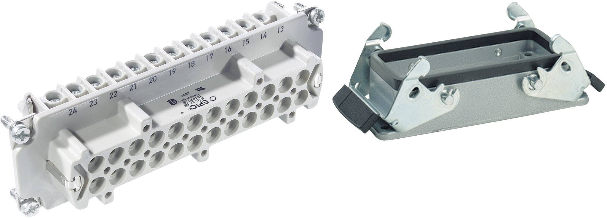 Connecteur composé de deux parties : un boîtier gris avec des bornes et un cadre noir avec des leviers pour des applications industrielles.