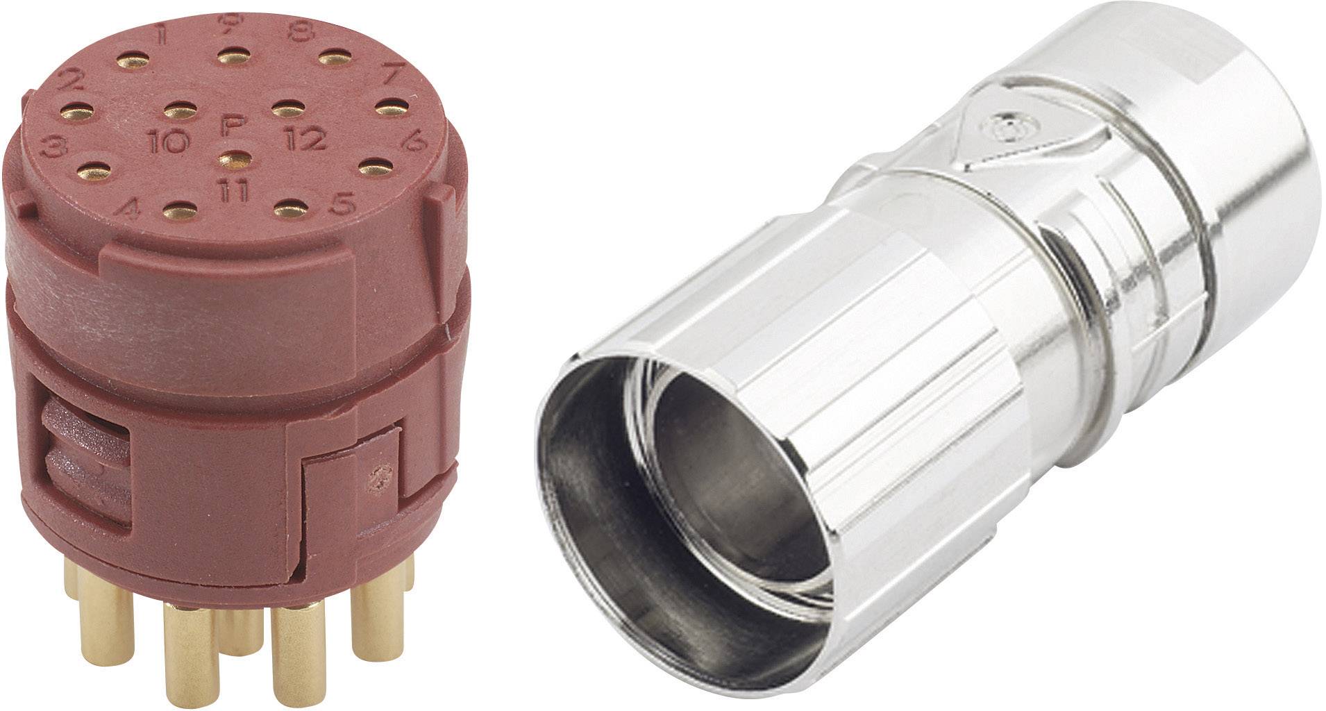 Un connecteur électrique rouge avec douze broches métalliques à côté d'un boîtier de prise argenté. Les deux sont des composants d'adaptateur.