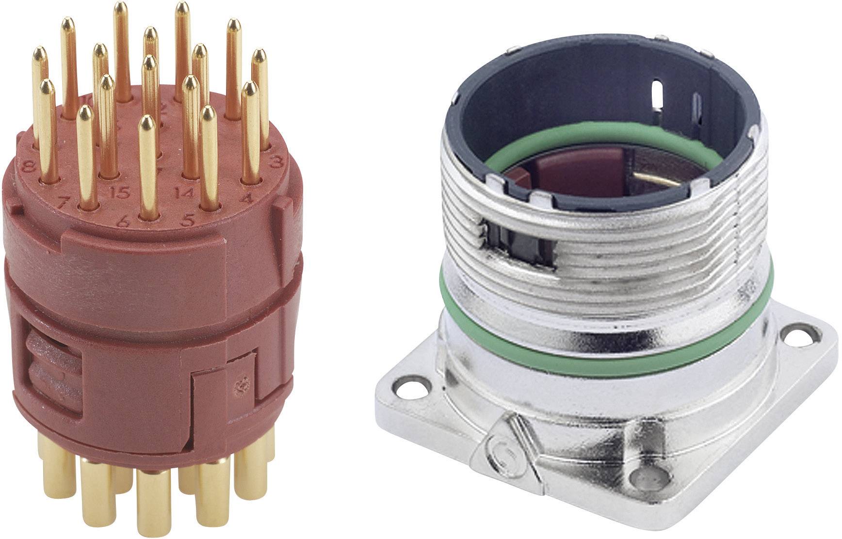 Un connecteur électrique rouge avec des broches dorées à côté d'un socket argenté équipé d'un joint d'étanchéité vert, sur un fond blanc.