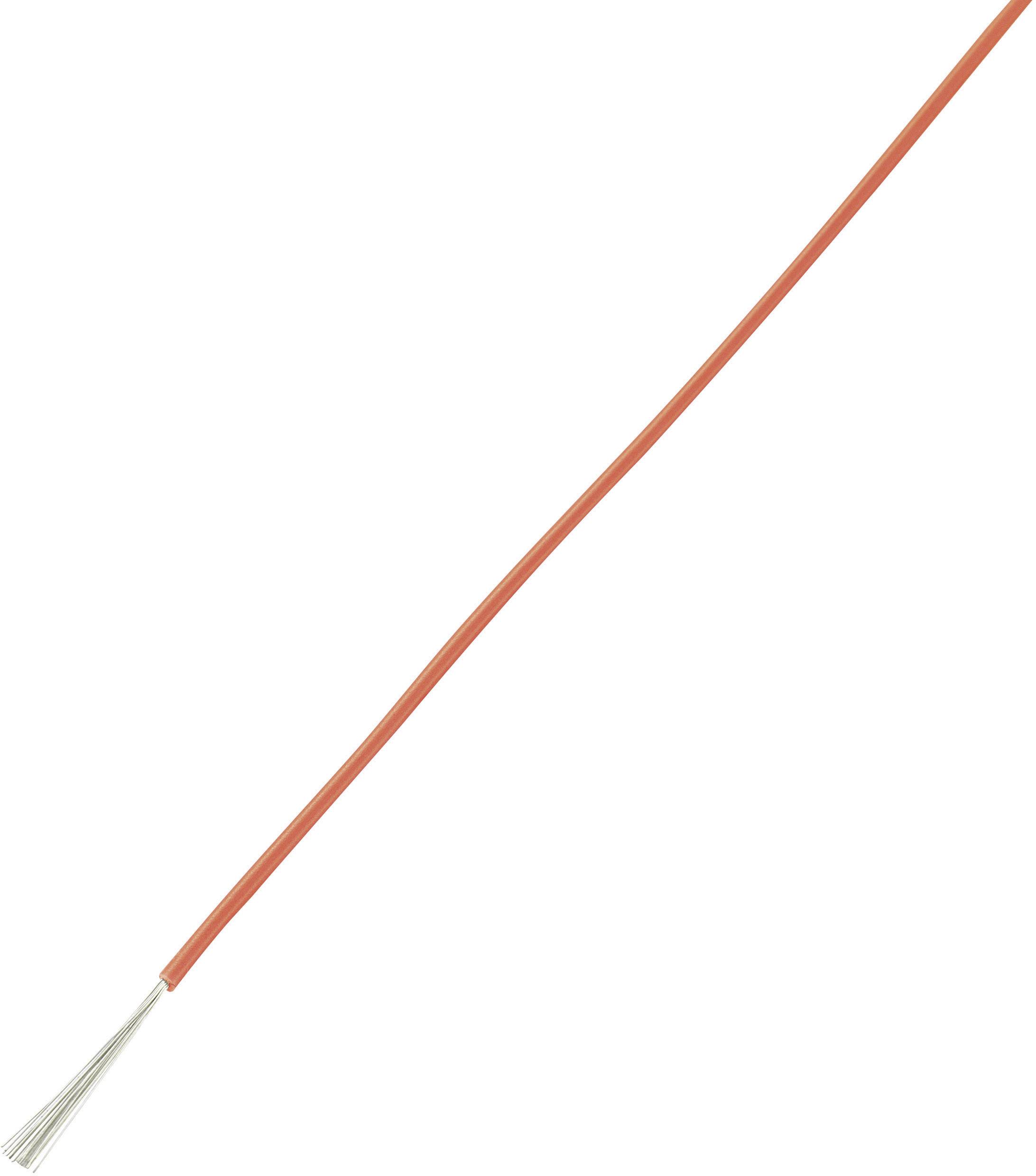 Un câble électrique orange fin est visible sur un fond blanc. Il présente des fils dénudés à une extrémité.