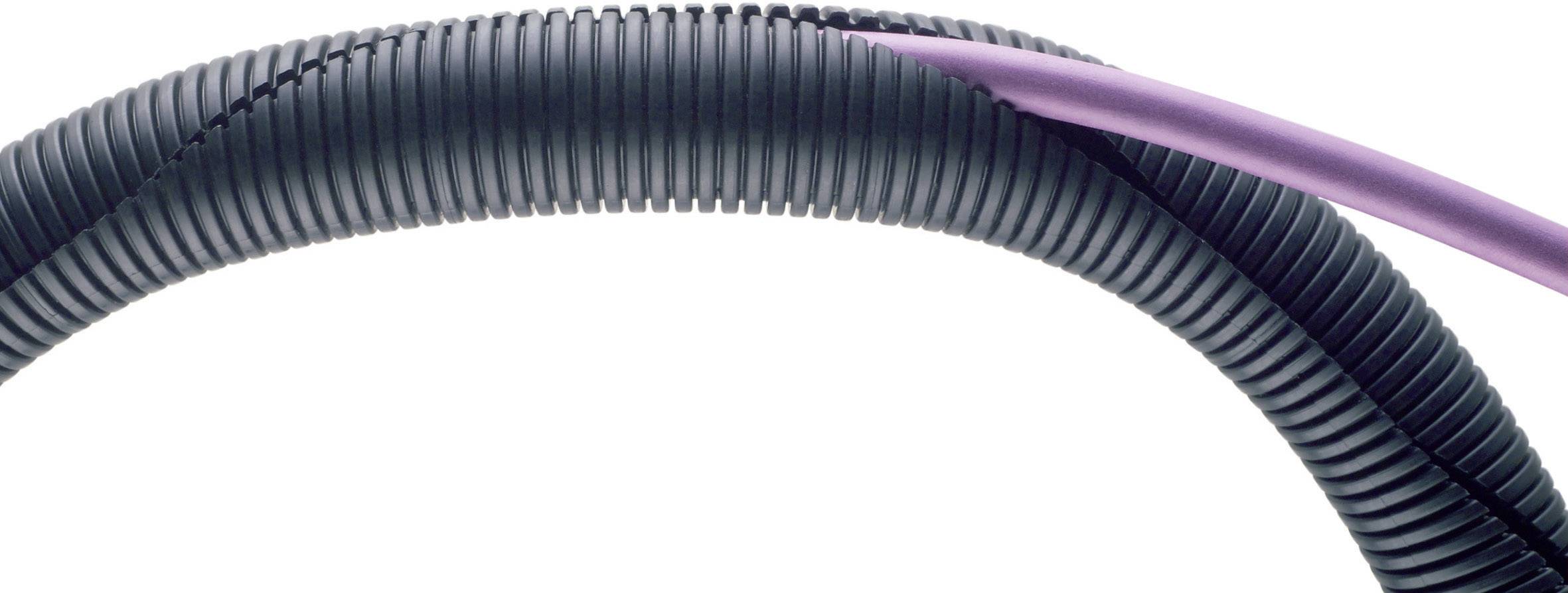 Un tuyau noir strié avec un câble lilas qui court sur le dessus.