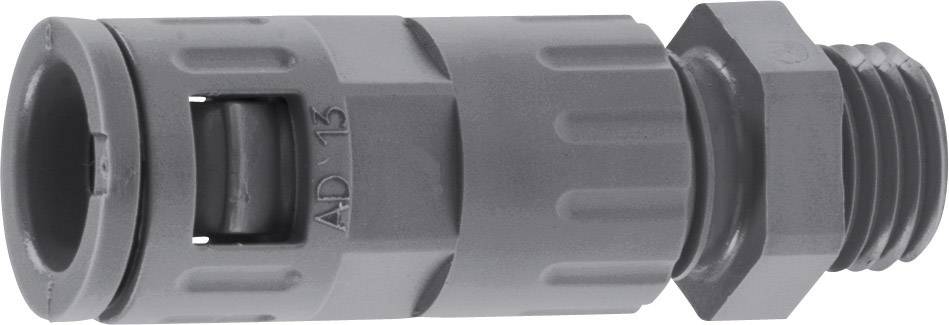 Connecteur en plastique gris avec surface cannelée, forme cylindrique et filetage à une extrémité.