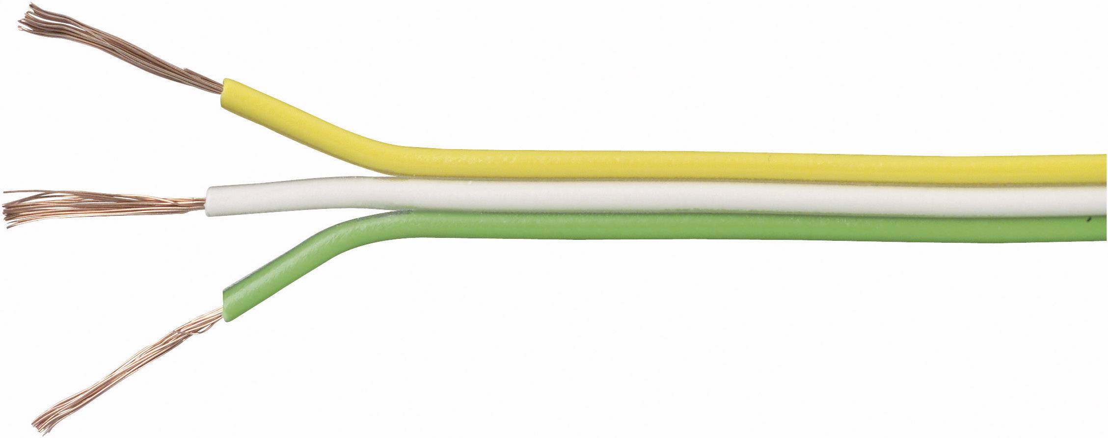 Trois câbles électriques, jaune, blanc et vert, se terminent avec des âmes en cuivre, adaptés pour les installations électriques.