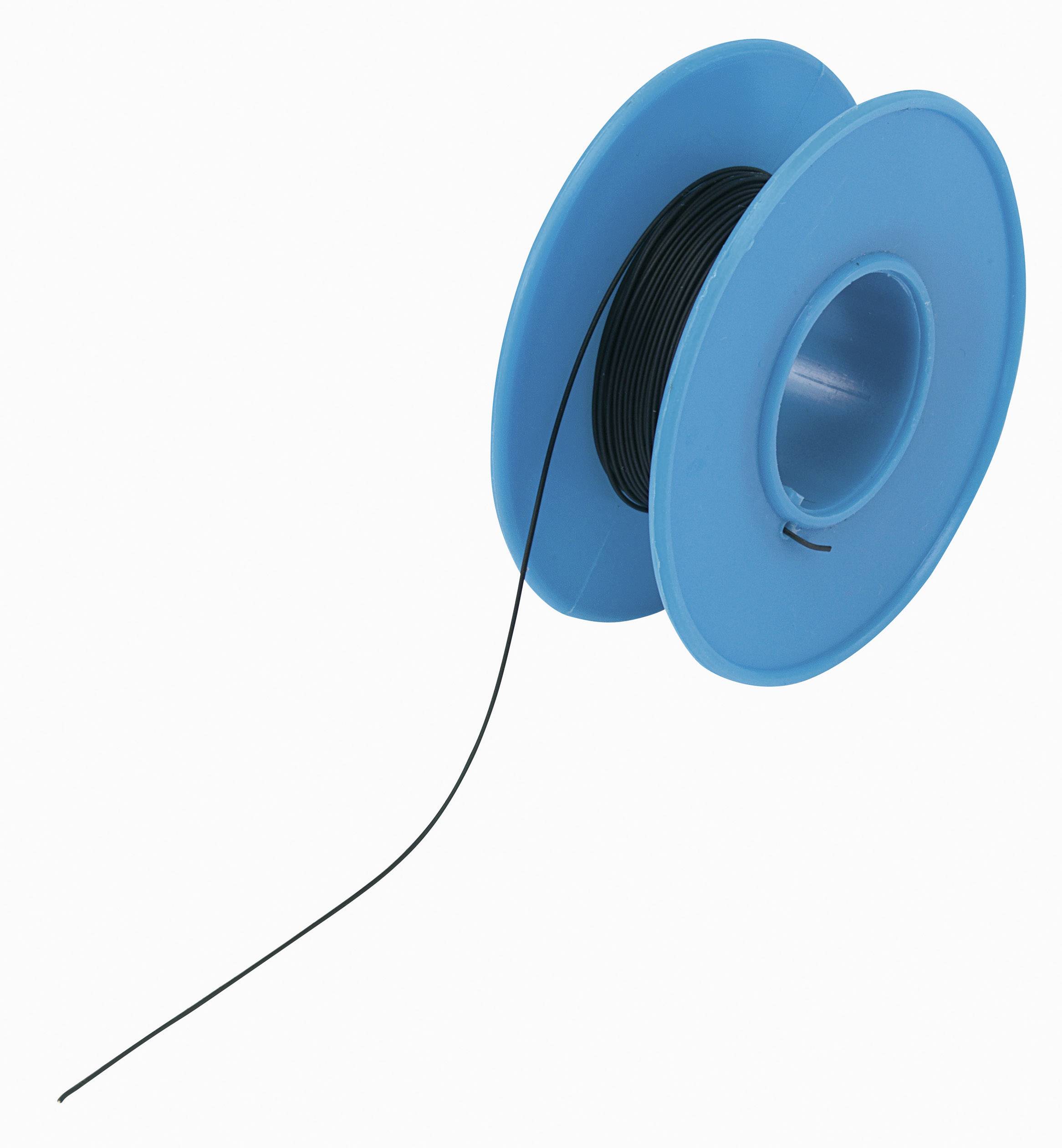 Une bobine bleue enroulée d'un fil noir. Le fil pend lâchement de la bobine.