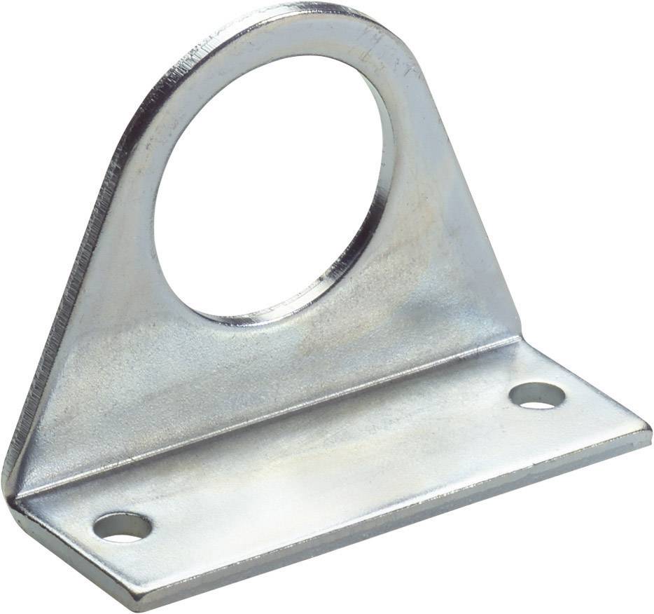 Équerre métallique avec un trou rond en haut, deux trous de fixation inférieurs et des bords chanfreinés. Adaptée pour un ancrage stable.