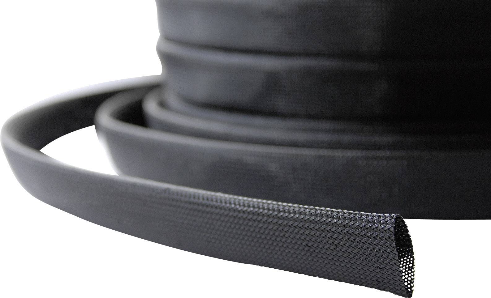 Une gaine de protection de câble noire enroulée, fabriquée en matériau tressé flexible. Elle protège les câbles contre l'usure et les dommages.